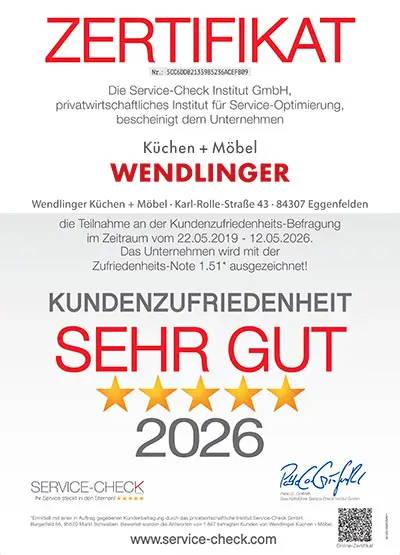 Zertifikat für Kundenzufriedenheit 2026 mit Bewertung Sehr Gut und fünf Sternen für Wendlinger Küchen + Möbel.
